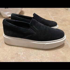 Prada Womens Black Suede Slip-On Loafers platform Size 39